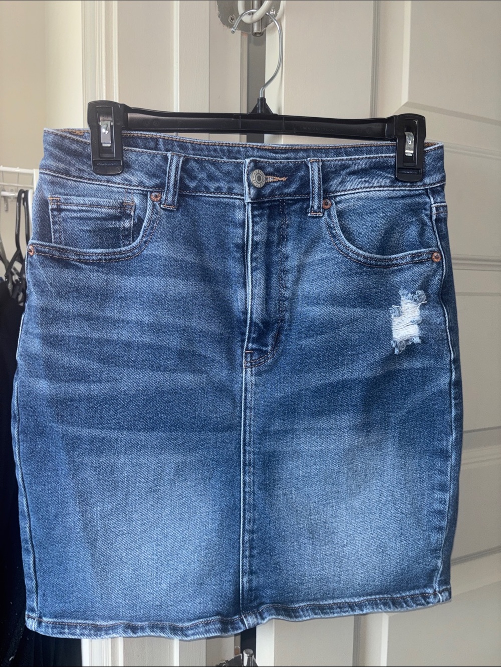 American Eagle Outfitters Distressed Medium Blue Denim Skirt